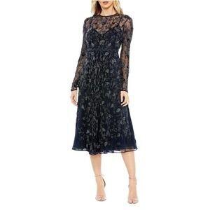 Mac Duggal 10799 Navy Beaded Illusion High Neck Long Sleeve Dress Size 6 $398